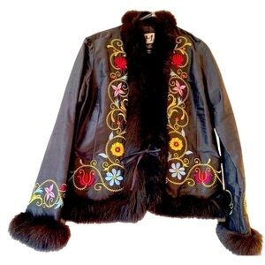 M. MILLER Black Silk Embroidered Boho Fur Collar & Cuff Evening Jacket.Size LG